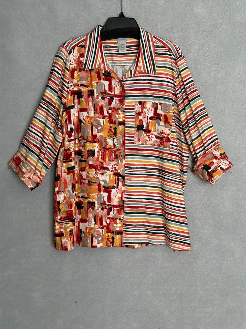 Multiples Collage Print Top Button Front in Sand Stone Women's 1X NEW